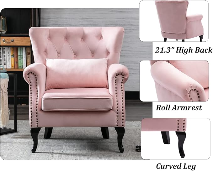 DM Furniture Mid Century Accent Chair for Living Room, Velvet Button Tufted Armchair Wingback Club Chair Single Sofa Lounge Chair with Pillow for Reception/Bedroom, Pink