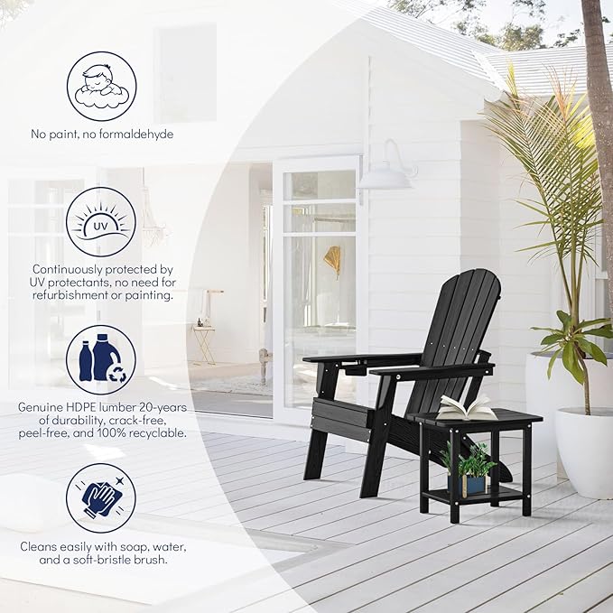 Plawdlik Folding Adirondack Chair Set of 4, Cup Holder，Wooden Textured ，Heavy All-Weather HDPE Comfortable Set Poolside Backyard Lawn Black