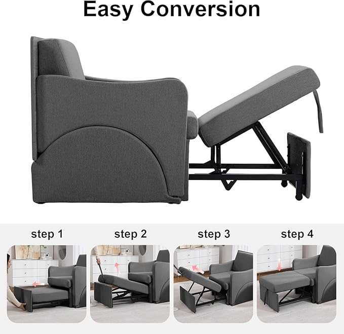 Reading Chair, Chaise Lounge Chair Indoor, 3 in 1 Multiple Convertible Pull Out Lounge Couch, Fabric Reading Chairs, Single Sleeper Sofa with Adjustable Backrest for Dorm, Bedroom, College, Grey