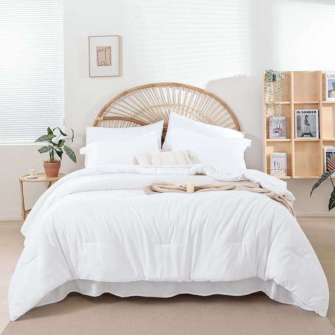 weigelia King Comforter Set 7 Pieces White Comforter Set Bed in a Bag Soft Fluffy King Size Bedding Set with Flat Sheet, Fitted Sheet, Pillow Shams, Pillowcases for All Season