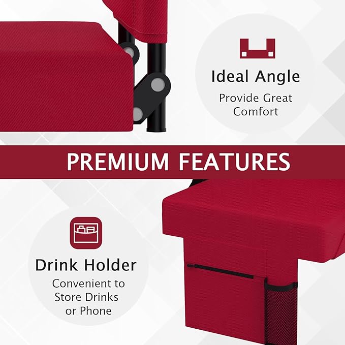 2pcs Stadium Seat for Bleachers with Back Support，Portable Bleacher Chairs with Back and Cushion，Includes Shoulder Strap and Cup Holder