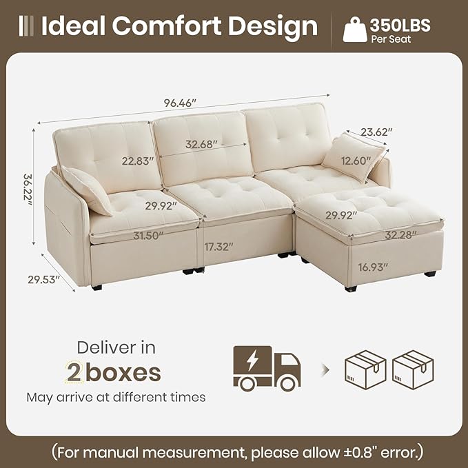PALLOME 96" Modular L-Shaped Sofa - 3-Seat Cloud Couch with Movable Ottoman, Extra Deep Seat Sofa Couch with Throw Pillows for Living Room & Small Spaces (Beige, 3-Seat + Ottoman)