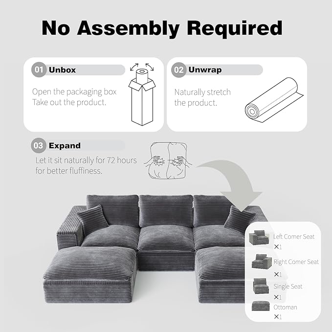 ZIGHTH 108" Plush Corduroy L Shaped Sectional Cloud Sofa Couch with Ottoman, Soft Deep Seat Modular Sectional Couches for Living Room,No Assembly. Grey