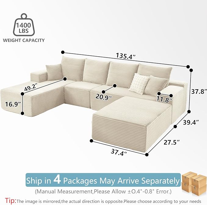 135.4" W Cloud Sectional Couch with Ottoman,Modern U-Shaped Cloud Couch with Deep Seat,Comfy Corduroy 4-Seater Sofa,Memory Foam Sofa for Living Room,No Assembly (White,Right-Facing Chaise)