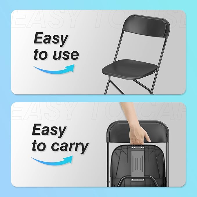 Allpop 4 Pack Plastic Folding Chair, 300lb Capacity, Portable Commercial Chair with Steel Frame for Home Office Wedding Party Indoor Outdoor Events, Stackable, Black