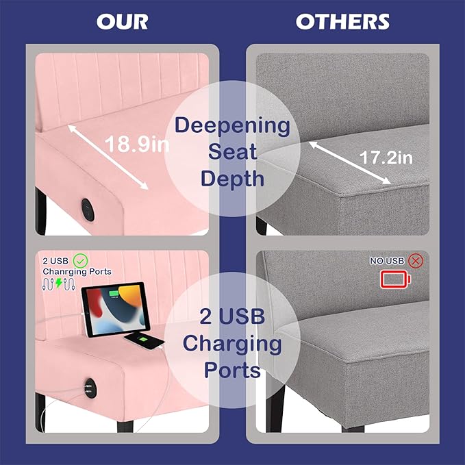 STHOUYN Mini Small Comfy Couch Armless Loveseat Sofa for Bedroom with USB Port, Velvet Couches for Small Spaces Living Room, Apartment Office Dorm (Pink)