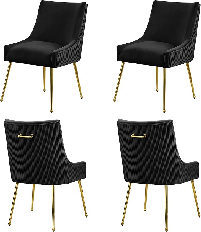 WUTUTUEE Velvet Dining Chairs Set of 4 Gold Legs,Upholstered Velvet Accent Chairs, Pleated Back Design & Gold Pull Handle, Mid Century Modern Chairs for Dining/Kitchen/Living Room,Black