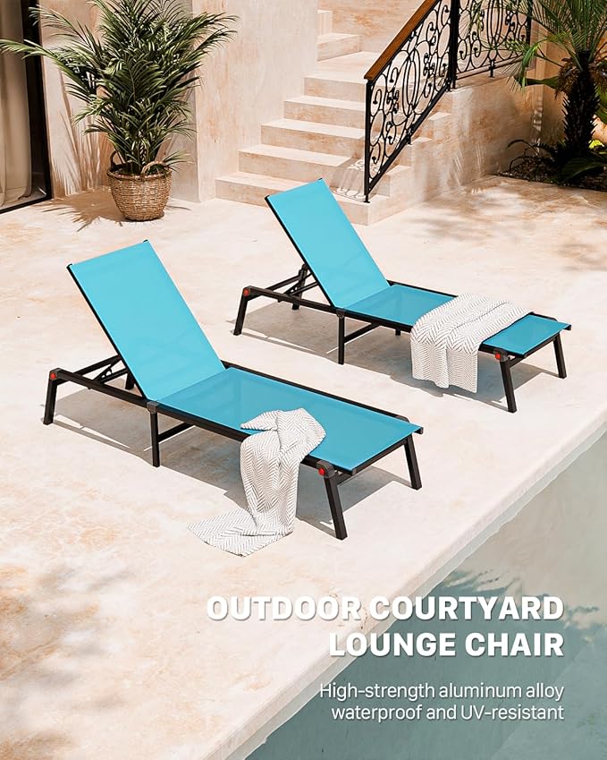 WOAJNQO Aluminum Patio Chaise Lounge Chair Set of 2 with Side Table,5-Position Adjustable Backrest,Foldable Lounge Chair Outdoor,Pool Lounge Chairs for Poolside,Lawn,Deck,Beach (Blue, 2 Pack+Table)