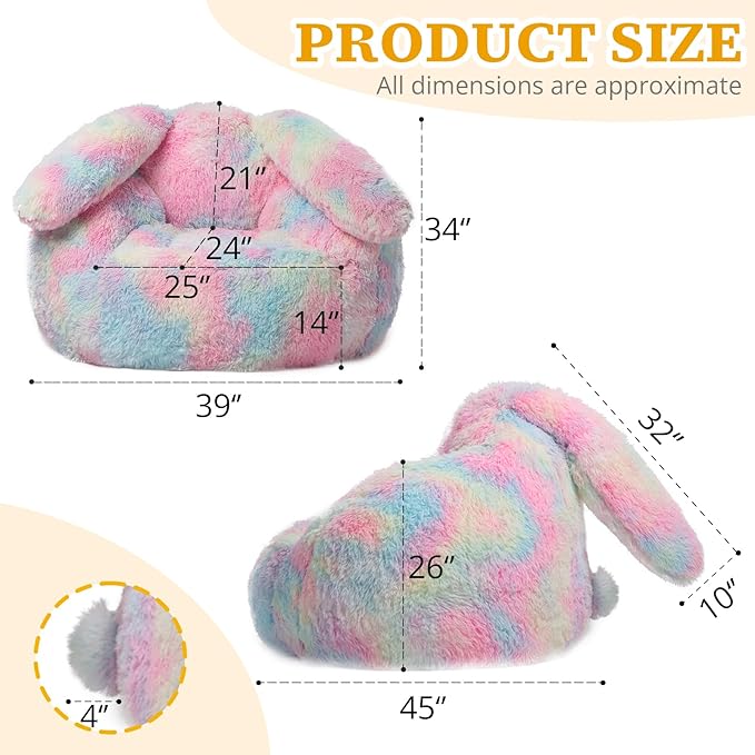 Bean Bag Chair for Adults Kids Giant Fluffy Plush Bean Bag Sofa with Filler Faux Fur Rabbit Shaped Beanbag Chairs Comfy Accent Floor Couch for Gaming, Reading in Bedroom, Living Room, Dorm
