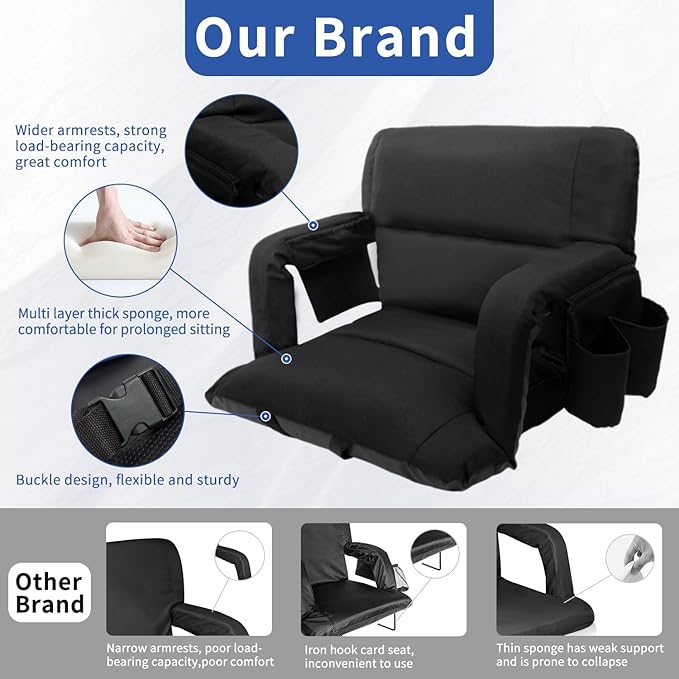 Stadium Seats with Back Support,Wide Stadium Chairs with Back and Cushion, Sofa Style Stadium Seats, 6 Reclining Positions, Extra Thick Bleacher Seat for Sports Events (Black-1 Pack, Wide|22.5")