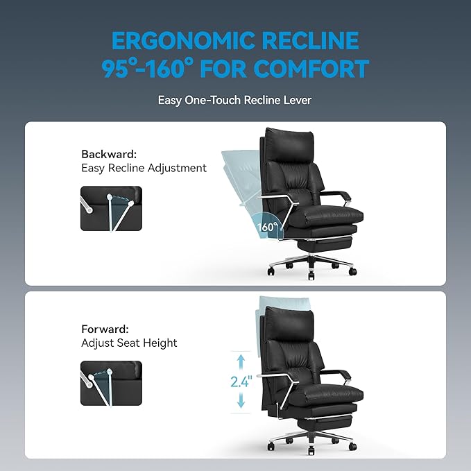 M76 Recline Office Chair with Footrest, 160° Infinite Reclining 10" Thick Executive Desk Chair, 420lb Heavy Duty Big and Tall, Adjustable Seat Depth, Black