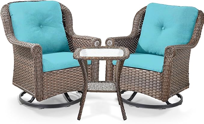 ACTREST 3 Piece Patio Swivel Chairs and Side Table Set - High Back Outdoor Brown Wicker Rattan Rocking Glider with Thick Cushions for Porch Apartment Deck Yard Poolside Garden - Turquoise