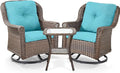 ACTREST 3 Piece Patio Swivel Chairs and Side Table Set - High Back Outdoor Brown Wicker Rattan Rocking Glider with Thick Cushions for Porch Apartment Deck Yard Poolside Garden - Turquoise