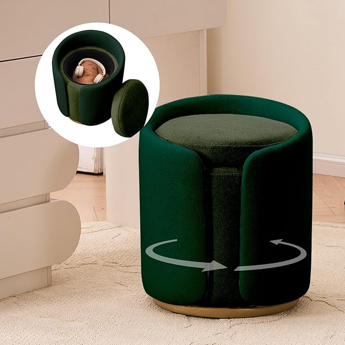 Vanity Chair with Storage, Round Velvet Vanity Stool No Wheels, Swivel Ottoman Chair with Upholstered for Women, Makeup Chair Accent Stool for Living Room, Bedroom, Gold Base, Green