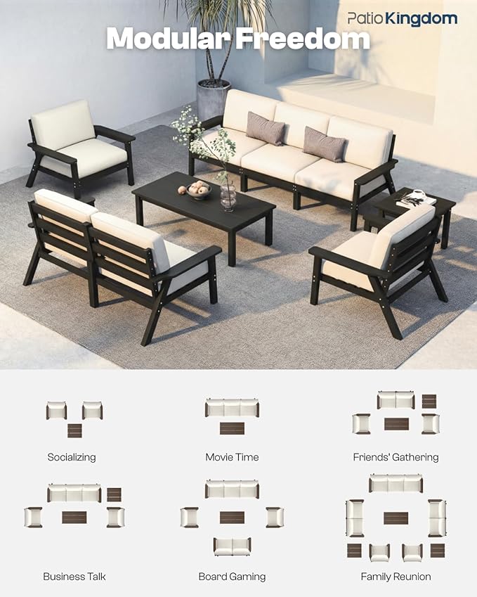 Patio Kingdom 7 Piece Patio Conversation Sets, Outdoor Couch with Washable Thick Beige Cushions, HDPE Patio Furniture Set with 12FT Umbrella, Outdoor Sectional Furniture for Backyard (Black Frame)