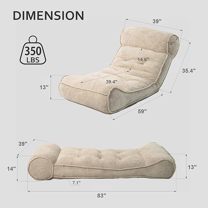 Lazy Floor Bed 83" – Extra Comfy Sleeper Chaise Lounge Chair Indoor, Adjustable Recliner Floor Lounger, Plush Futon Chair Bed for Yoga, Gaming, Meditation & Reading Nook (Recliner, Camel)