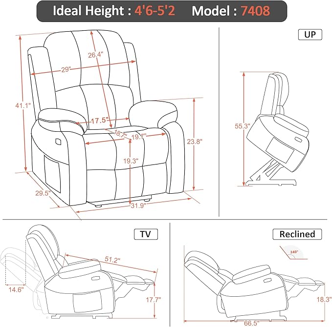 MCombo Small-Regular Power Lift Recliner Chair with Massage and Heat for Petite Elderly People, 3 Positions, 2 Side Pockets, USB Ports, Faux Leather 7408 (Beige, Small-Regular)