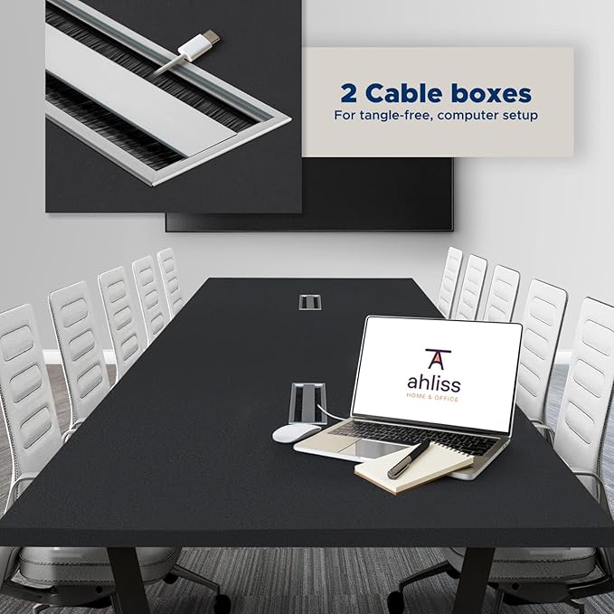 ahliss Sturdy Conference Table with Cable Management Grommets Modern Rectangle Office Meeting Table with Wood Tabletop and Metal Frame & Legs- Easy Assembly Boardroom Table (Black, 10 Foot)