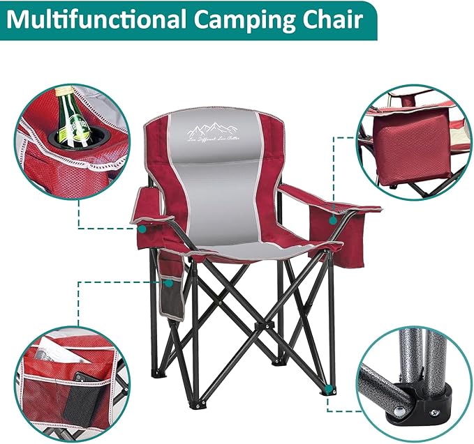 SAILARY Camping Chair Heavy Duty High Back Folding Chair with Cup Holder, 450lbs Capacity, Padded Seat, Cooler Bag & Storage Pocket, Portable for Outdoor, Beach, Fishing, Sports, 2 Pack Red