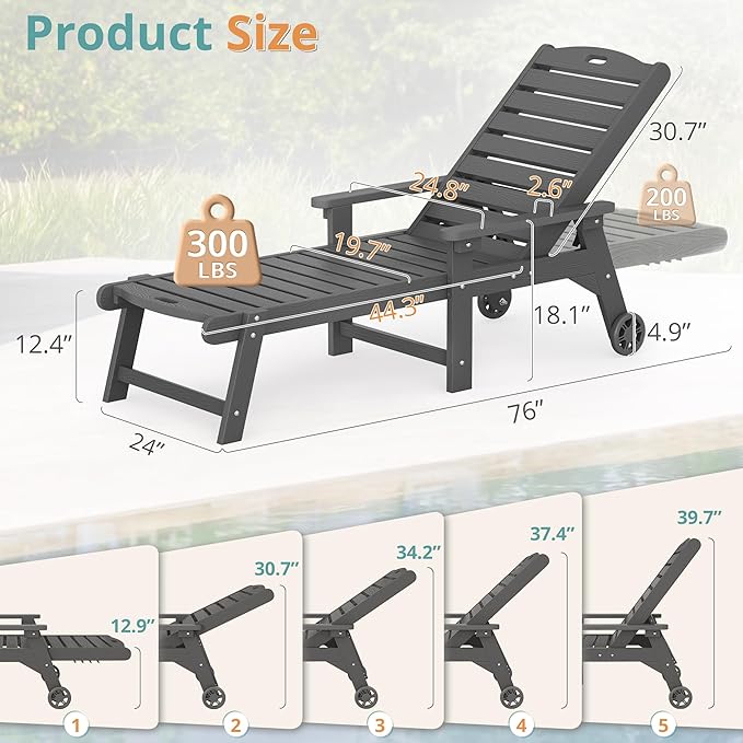 LUE BONA Chaise Lounge Chair with Table, 3-Piece, HDPS Chaise Lounger, 5 Positions Adjustable Lounge Chairs, Pool Lounge Chair with Wheels for Poolside, Backyard, Dark Gray