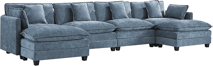 UMBFUN 4-Seater Cloud Couch with 2 Ottomans, Extra-Large Modular Sectional U Shaped Sofa with Deep Seat Cushions, Chenille Couch for Living Room, Blue