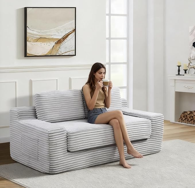 Loveseat Cloud Boneless Couch, Upholstered Floor Sofa with Armrests, 2-in-1 Convertible Corduroy Couch Bed for Living Room, Apartment, Grey