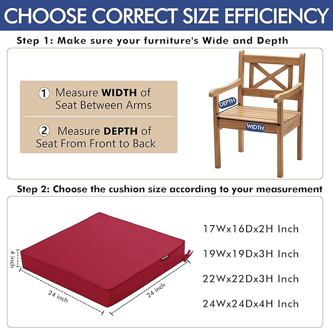 Outdoor Chair Cushions 24 x 24 Inch Waterproof Patio Chair Cushions with Tie 5 Year Color Fastness Thick Outdoor Seat Cushion for Garden Lawn Patio Furniture Burgundy Red Set of 2
