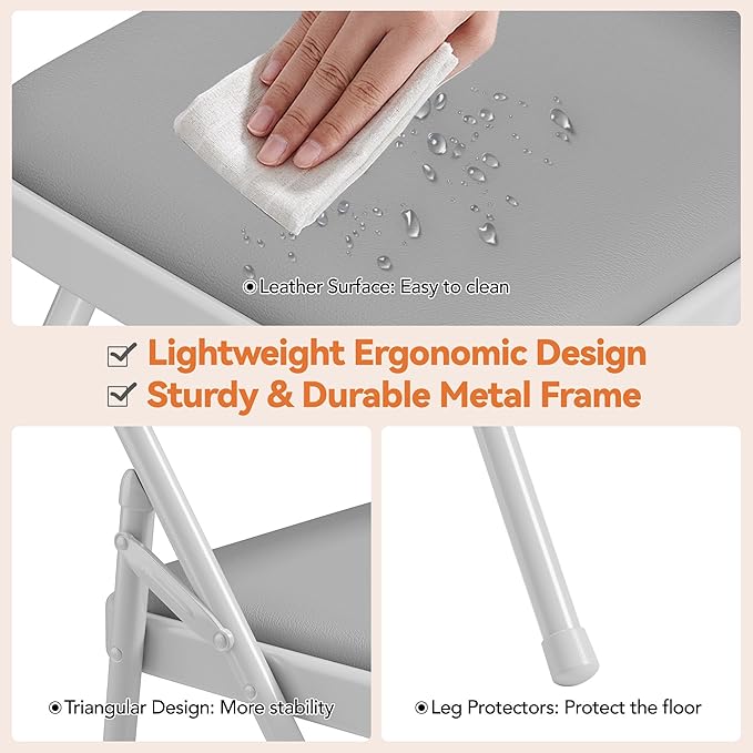 GAOMON 4 Pack Folding Card Chairs, Thickened Padded PU Cushion, Metal Legs and Non-Slip Feet Pads, Portable Stackable Commercial Seat for Events, Office, Wedding, Party, Gray