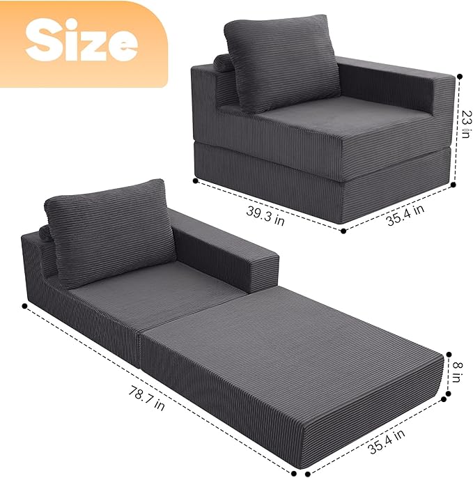 MeMoreCool Folding Sofa Bed L‑Shaped Convertible Sleeper Sofa with Armrest Dark Grey – Fold‑Out Chair Bed for Living Room & Bedroom, Dual‑Section Configurable Foam Seating, Durable Lounge