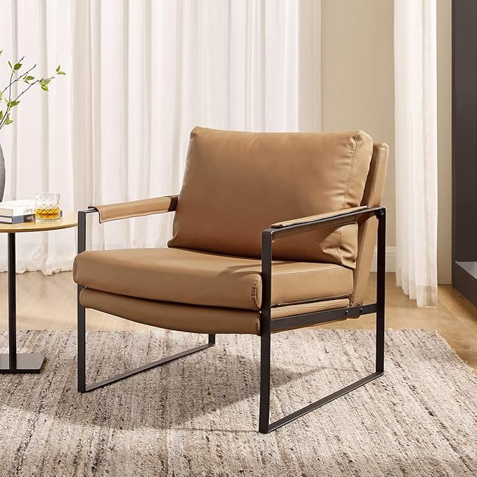 Volans Mid Century Modern Genuine Leather Accent Chair with Arms for Living Room, Metal Frame Armchair Reading Chair, Lounge Chair Single Sofa for Bedroom Office, Khaki