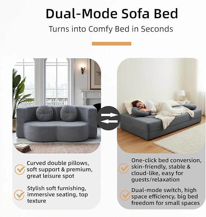 76" Convertible Folding Sofa Bed, 2-in-1 Twin Size Loveseat Sleeper Couch Bed with Two Pillows, Foldable Space-Saving | Design for Dorms Apartments Bedroom& Living Room,No Assemble(Grey)