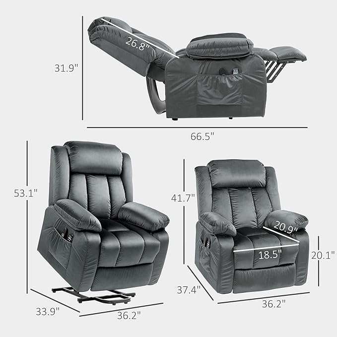 HOMCOM Power Lift Recliner Chair for Elderly with Massage and Heat, Electric Lift Chair with USB Ports, Side Pockets, 35" Wide Back for Living Room, Bedroom, Gray