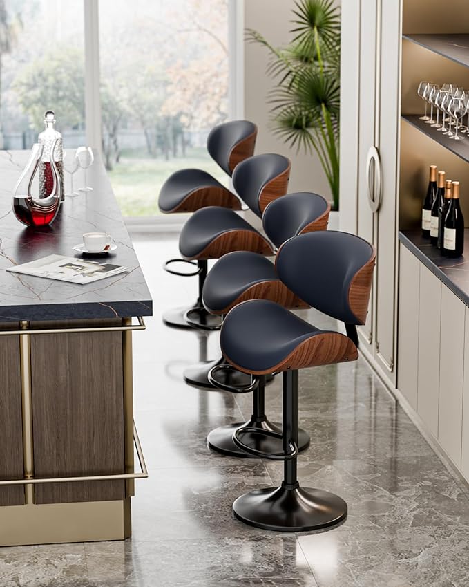 Aowos Bar Stools, Adjustable Swivel Leather Bar Stools for Kitchen Island, Mid Century Modern Counter Height Bar Chairs Barstools with Back & Footrest (Blue 1PCS)