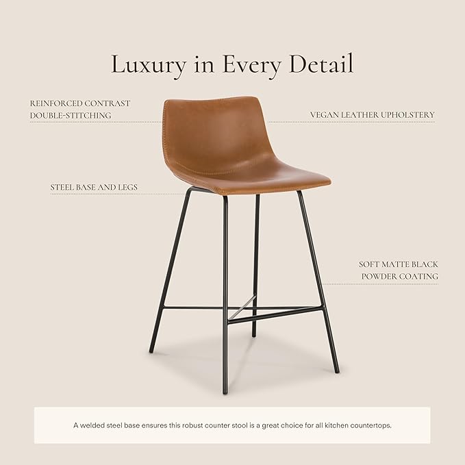 POLY & BARK Paxton Leather Counter Stools 24 Inches – Set of 2 - Counter Height Bar Stools with Back – Modern Barstools for Kitchen Island or Counters – Faux Leather & Matte Black Steel Base – Tan