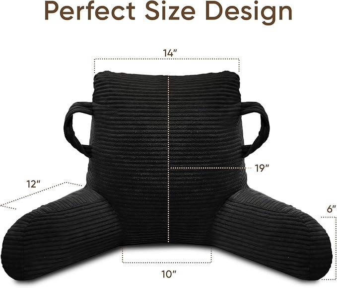ABROLOY Reading Pillow for Sitting in Bed Adult, Bed Reading Pillow with Shredded Memory Foam, Back Pillow for Sitting with Arms and Pockets, Black