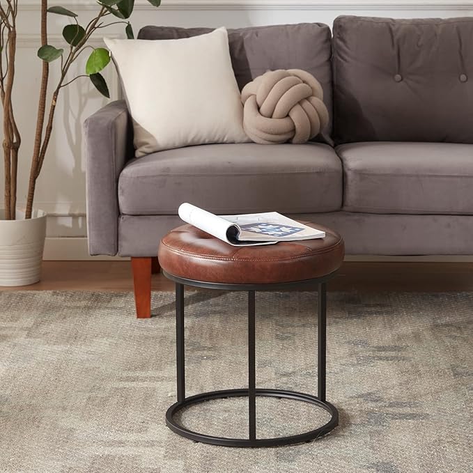 DUHOME Faux Leather Ottoman Stool, Vanity Chair Button Tufted Footrest Stool Makeup Stool with Metal Base for Living Room Bedroom, Dark Brown