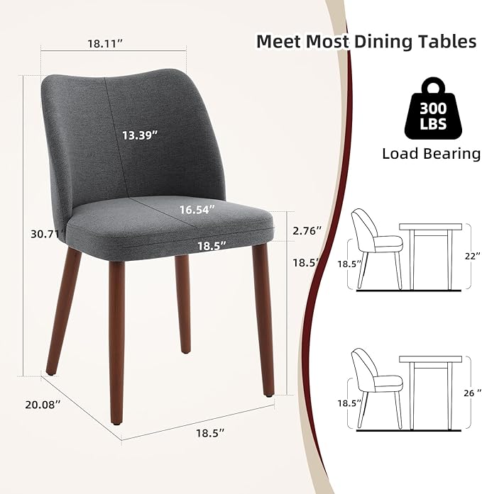 ElfinAura Dining Chair Set of 2, Linen Upholstered Dining Chair with Wood Legs, Wing Backrest, Wooden Kitchen Chair, Kitchen Chairs with Thick Cushions for Dining Room, Living Room, Dark Grey