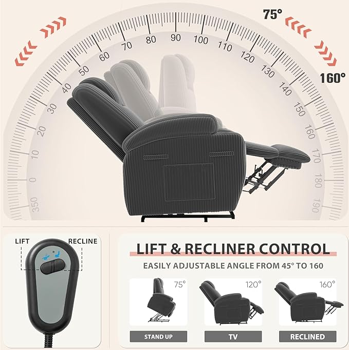 Flamaker Power Lift Chair Massage Recliner Chairs for Elderly, Corduroy Ergonomic Design with Cup Holders & Side Pockets, Remote Control (Dark Gray)