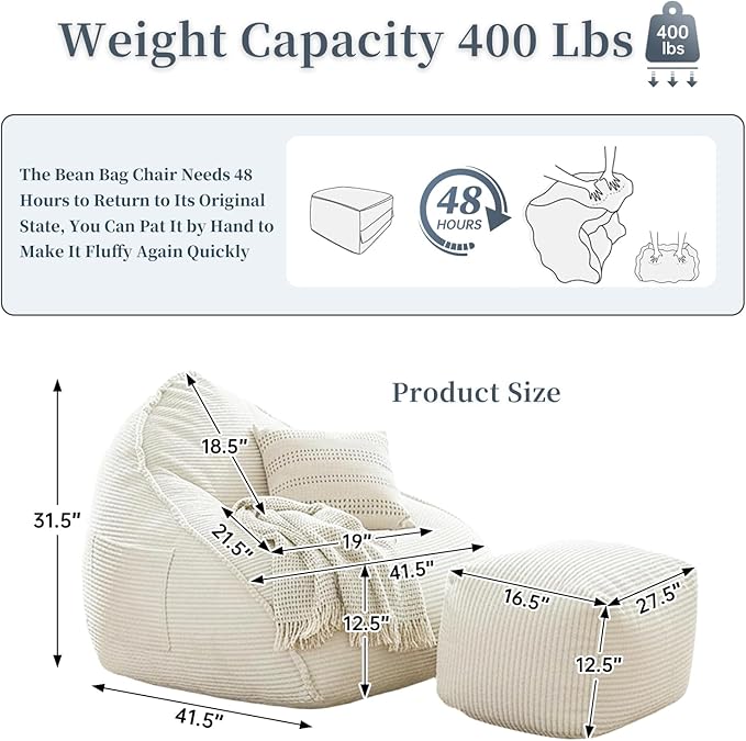 Ultra Soft Bean Bag Chair for Adults with Ottoman, Oversized Floor Sofa for Living Room, Gaming, Lounging, Napping (Off-White)