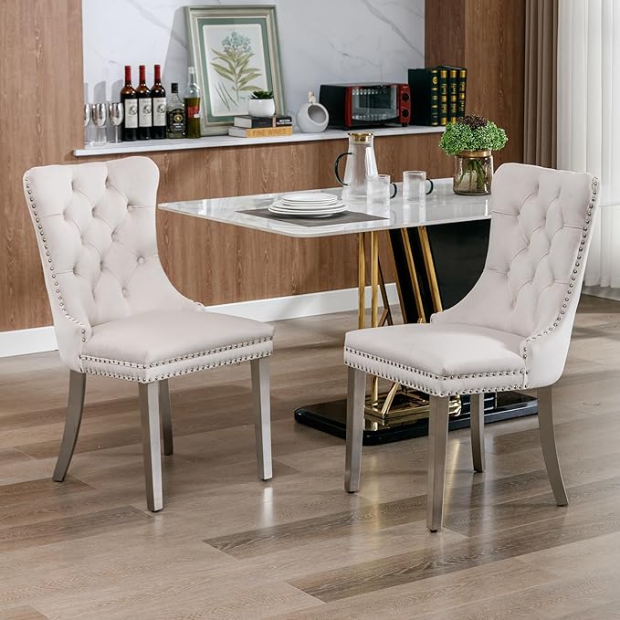 YeahFurn Mid Century Modern Dining Chairs Set of 8, Beige Velvet Upholstered Tufted Back, Kitchen & Dining Room Chairs, Brushed Silver Metal Legs, Nailhead Trim, Sillas para Comedor (Beige, 8 Pcs)