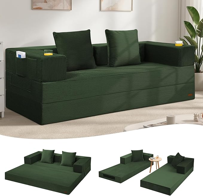 COMAX Futon Sofa Bed Queen, 79" Convertible Sofa Bed Couches for Living Room, 4 in 1 Folding Boneless Sleeper Corduroy Couch Loveseat Foam In a Box, Foldable Comfy Lounge Fold Out Floor Mattress Green