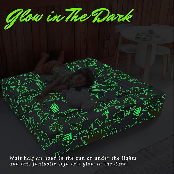 MeMoreCool Glow-in-The-Dark Dinosaur Kids Loveseat - Modular Toddler Play Couch That Folds Out, Convertible Foam Chair & Mini Sofa Bed with Washable Plush Cover, 2-Seat Playroom Furniture