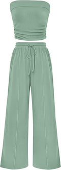 PRETTYGARDEN Womens Summer Outfits 2 Piece Sets Casual Ribbed Knit Crop Tube Top Wide Leg Pants Spring Matching Lounge Set
