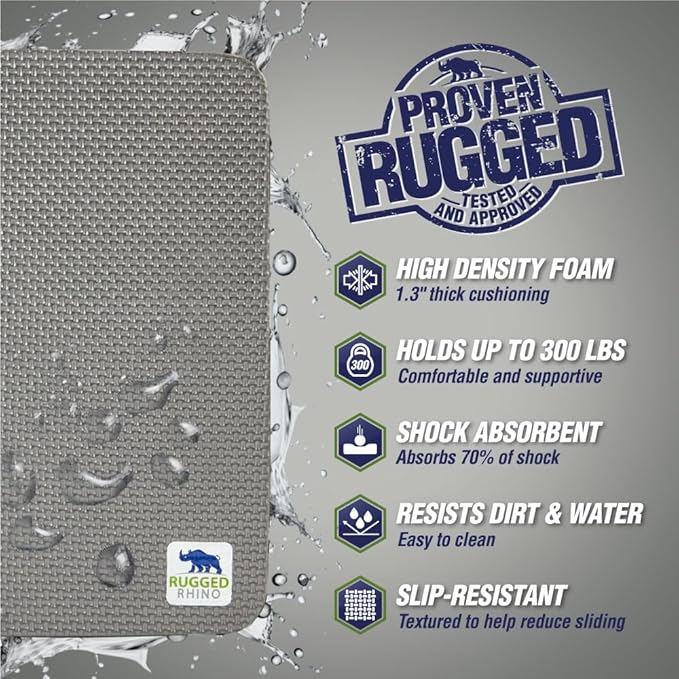 Rugged Rhino Heavy Duty Patent Pending Kneeling Pad, Shock Absorbent Thick Knee Pads, Holds Up to 300 lbs, Protect Knees from Hard Concrete Surfaces, for Mechanics, Yard Gardening, Gym, Slate Gray