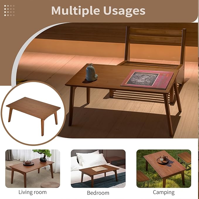 Kuabner Wooden Folding Coffee Table No Assembly Low Collapsible Japanese Floor Table Small Spaces Tatami FoldableTable for Living Room Home Office (Walnut,Compact)