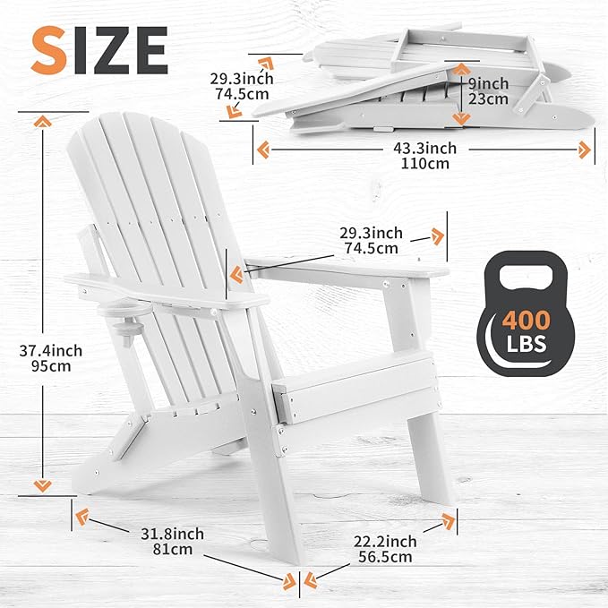FUNBERRY Folding Adirondack Chair Set of 3, All Weather HDPE Fire Pit Chairs with Cup Holder for Outdoor
