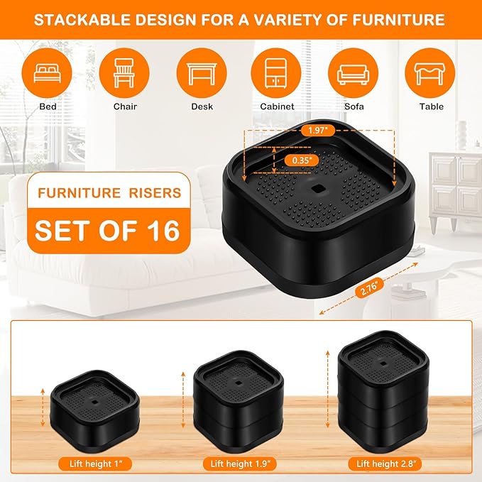 shouwuhho 16 Pack Furniture Risers Adjustable Bed Risers Heavy Duty Lifts Height 1", Square Stackable Bed Risers 1, 2 or 3 Inch for Desk Leg Table Couch Sofa Chair Bed Frame Legs Dorm, Black
