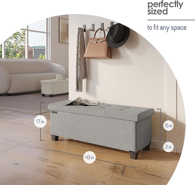 STORAGEBUD Storage Ottoman Bench with Bins, 43-in Storage Bench for Bedroom End of Bed, Folding Foot Rest Ottoman for Living Room Max 660lbs, Fabric Ottomans, Light Grey
