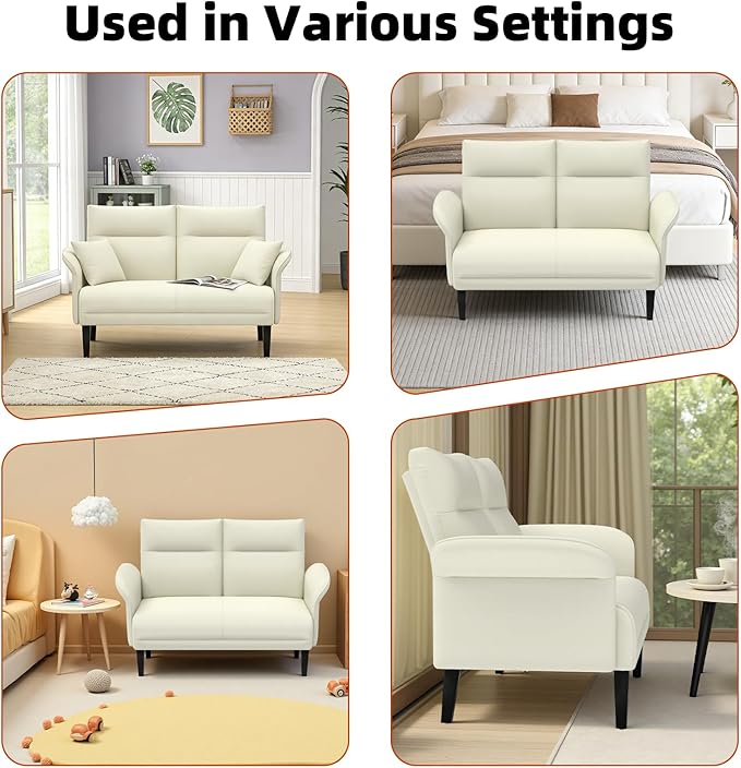Faux Leather Loveseat with Wide Armrests, Symmetrical Shawl Arm 2-Seater Sofa, Upholstered Modern Loveseat with Wooden Legs for Small Living Room, Apartment, Beige