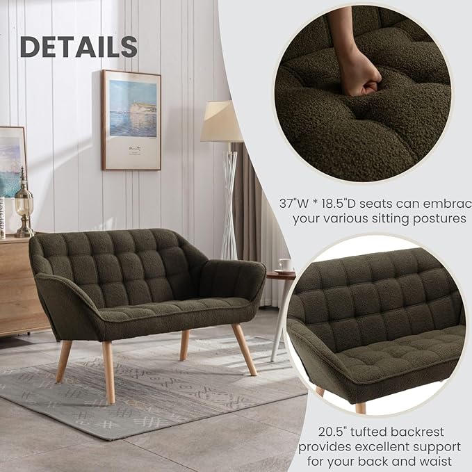 48" Green Small Loveseat Sofa, Comfy Faux Fur 2-Seat Love Seat with Wood Legs, Modern Tufted Wingback Upholstered Sofa Couch for Small Space Living Room Bedroom Apartment